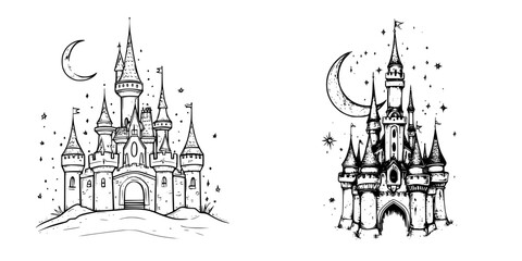 Whimsical hand-drawn vector illustrations of two enchanting castles under a night sky filled with stars and a crescent moon