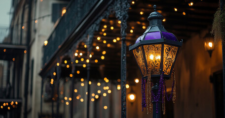 A purple and gold street lamp adorned with Mardi Gras beads stands on the corner of an old building in New Orleans, glowing warmly against a blurred nighttime cityscape.