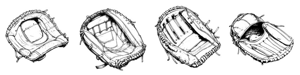Hand-drawn vector illustration of various baseball gloves displayed in detailed perspectives