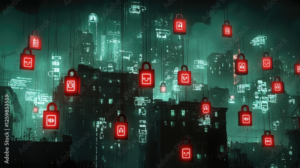 Poster abstract representation of password security with digital locks and authentication icons.