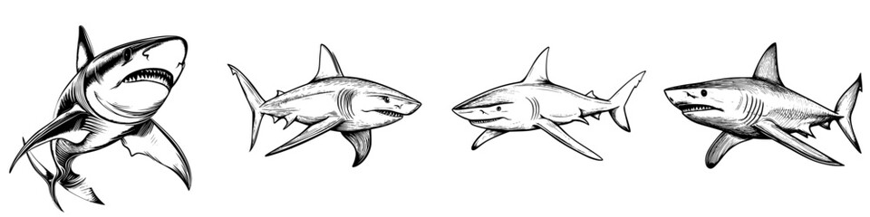 Obraz premium Vector illustration of different shark species in hand-drawn style depicting their unique features and characteristics