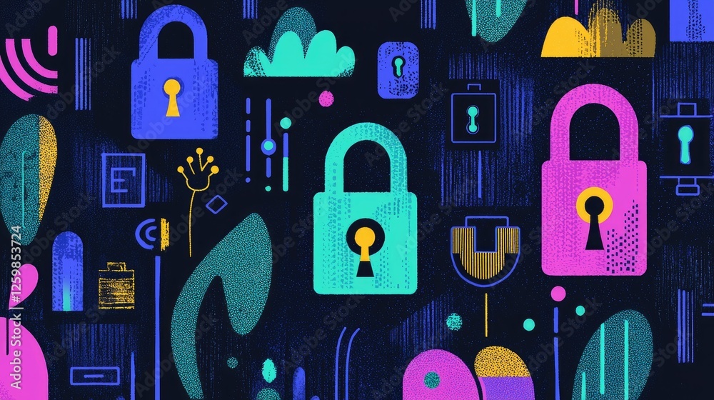 Poster abstract representation of password security with digital locks and authentication icons.