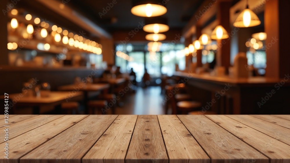 Poster empty wooden table top with lights bokeh on blur restaurant background