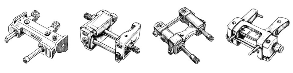 Detailed hand-drawn vector illustration of mechanical clamps in various angles showcasing intricate designs and features