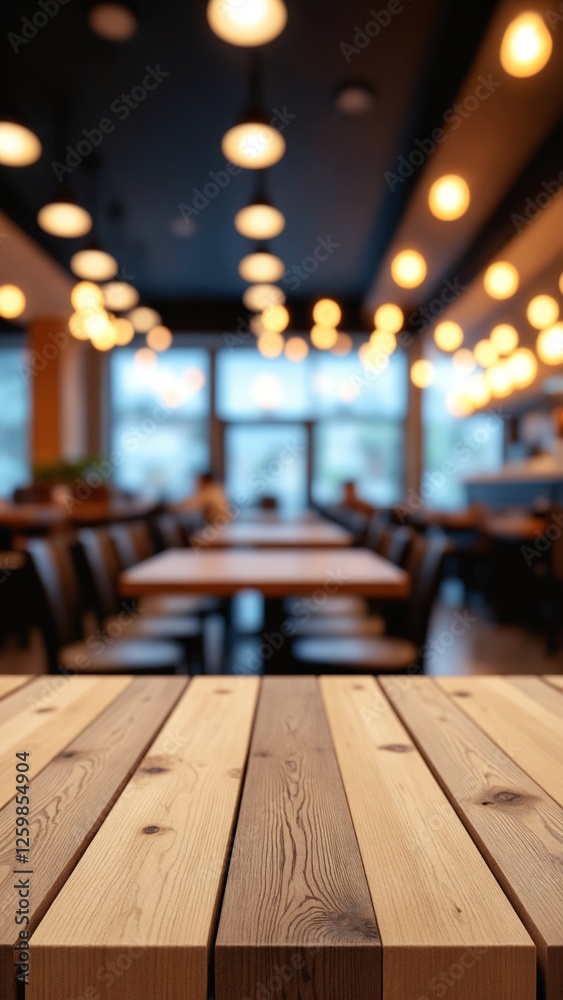 Poster empty wooden table top with lights bokeh on blur restaurant background