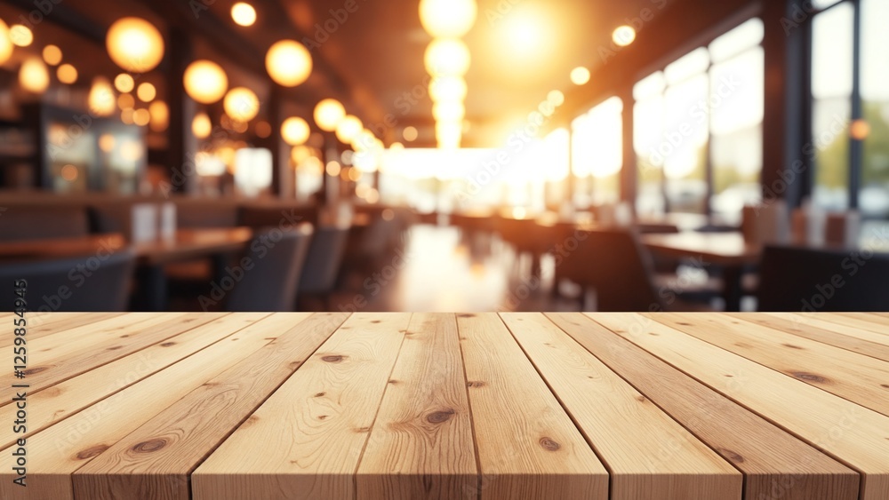 Poster empty wooden table top with lights bokeh on blur restaurant background