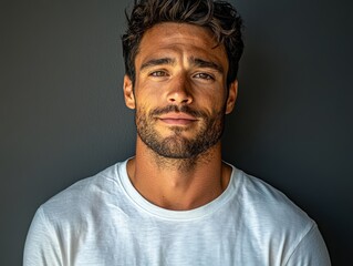 Obraz premium A young male is pictured wearing a white t-shirt in front of a grey background