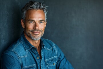 A man with a warm smile and gray-streaked hair, dressed in a denim shirt, stands casually in front of a solid gray background, exuding a sense of approachability and comfort