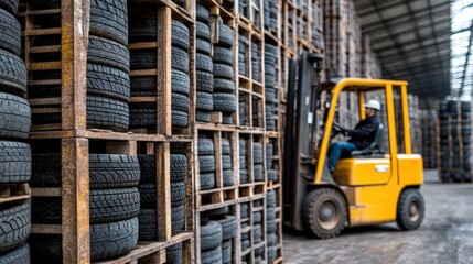 forklift in a tire warehouse Warehouse filled with stacked tires and a yellow forklift in operation.