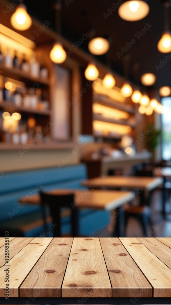 Poster empty wooden table top with lights bokeh on blur restaurant background