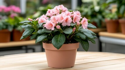 Beautiful azalea plant in a terracotta pot displayed in a greenery-filled garden center during a sunny afternoon