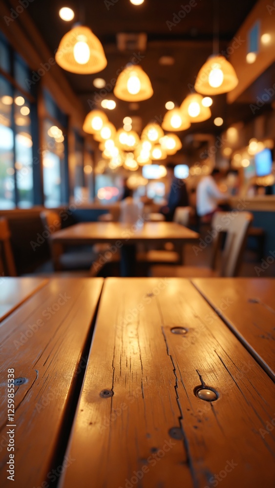 Poster empty wooden table top with lights bokeh on blur restaurant background