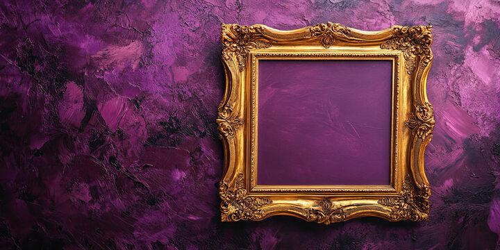 An ornate golden frame with intricate carvings stands against a deep purple background, its rich contrast drawing attention to the empty space, perfect for adding artwork or personalized messages.