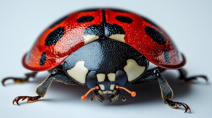Close Up of a Red Ladybug with Black Spots on White Background