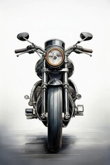 Black motorcycle, viewed from the front. The motorcycle has a classic design with a round headlight, chrome handlebars, and a large front tire. The background is a simple white.