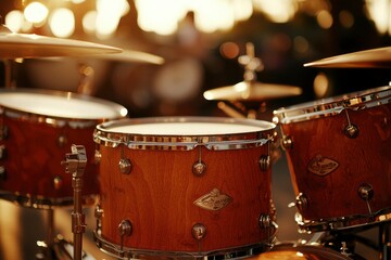 Naklejka premium Drum Set Shines On Stage During Live Music Show, Background Has Blurry Crowd