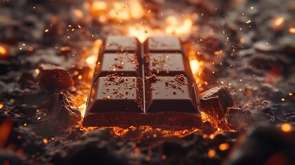 Macro shot of a chocolate bar breaking open, smooth creamy filling spilling out, surrounded by a crisp and textured chocolate shell, illuminated with warm cinematic lighting,
