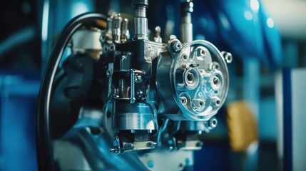 Fototapeta premium A close-up of a complex fuel injection system placed on a rich cobalt blue backdrop
