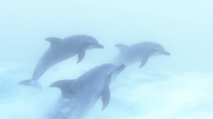 Fototapeta premium Playful pod of dolphins gracefully leaping and splashing through the crystal clear azure waters of a tropical ocean ecosystem creating a serene and ethereal underwater scene