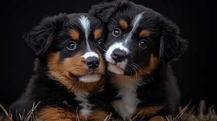 Cute Bernese Mountain Dog Puppies Cuddling with Dark Background