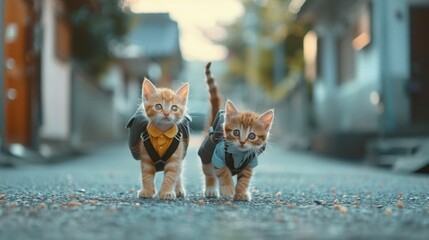 Obraz premium Two cute kittens, wearing school uniforms and carrying school bags, standing and walking in the middle of a busy street