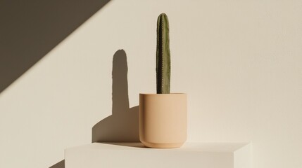 Small cactus plant in a beige-colored pot on a white pedestal. the pot is cylindrical in shape and has a smooth surface. the cactus has long, thin, spiky leaves that are a vibrant green color.