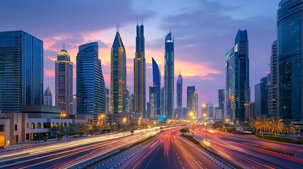 Dubai city skyline at dusk with streaks of light from vehicle traffic on highway