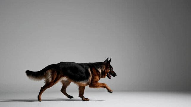 Side view of a German Shepherd walking in a minimalist studio setting, captured in a video frame with a low-angle perspective.