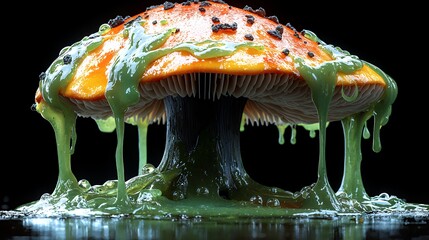 Mushroom with Green Slime Dripping and Reflecting on a Black Surface