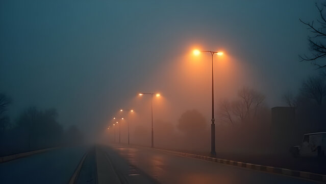 A serene depiction of fog in a city featuring urban streets and architectural wonders with evening haze and serene atmospheres.