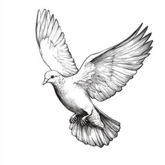 Fototapeta premium a black and white drawing of a dove flying in the air against a white background The dove is depicted in a realistic style, with its wings spread wide and its head
