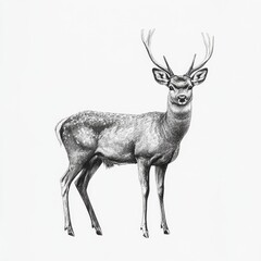 Fototapeta premium a black and white drawing of a deer standing on a white background The deer is depicted in great detail, with its antlers and fur clearly visible Its eyes are ale