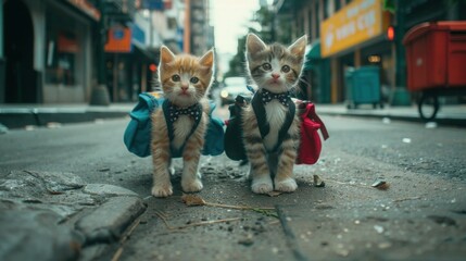 Two cute kittens, wearing school uniforms and carrying school bags, standing and walking in the middle of a busy street