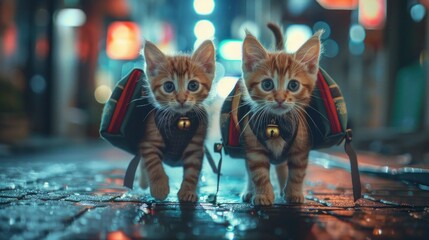 Obraz premium Two cute kittens, wearing school uniforms and carrying school bags, standing and walking in the middle of a busy street