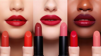 Obraz premium A diverse group of models with different skin tones and features, each applying a different shade of lipstick from a range of vibrant colors. 