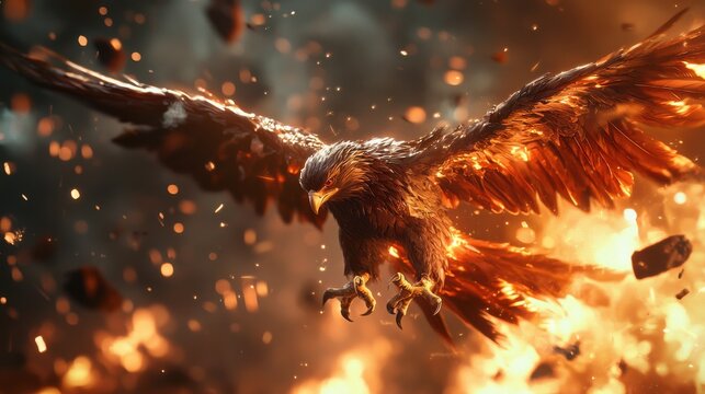 Majestic Mythical Fire Bird Soaring Amidst Burning Apocalyptic Skies