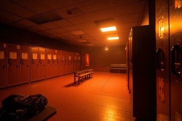 Red toned locker room with benches for students, workers, or athletes