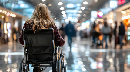 A Woman in Wheelchair Moving Through a Busy Shopping Mall