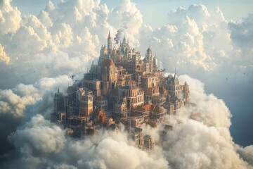 Fototapeta premium City of clouds with towering skyscrapers and serene blue sky at sunset
