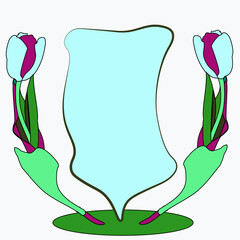 a card with tulips on the sides, and in the center of the flowers there is a place for congratulations.