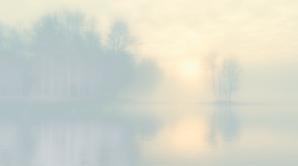a foggy lake with trees in the background