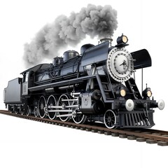 Obraz premium Majestic Vintage Steam Locomotive Train on Tracks Smoke Billowing Isolated on White Background