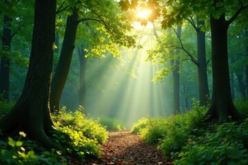 Obraz premium Dappled sunlight filters through forest canopy, light filtering, woodlands