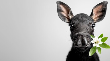  a black moose with a white flower in its mouth, set against a white background