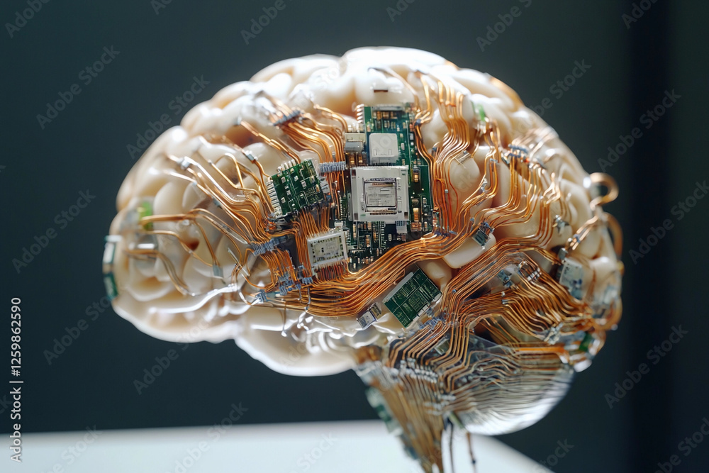 Fototapete futuristic brain design featuring circuit board elements merging technology with organic structure