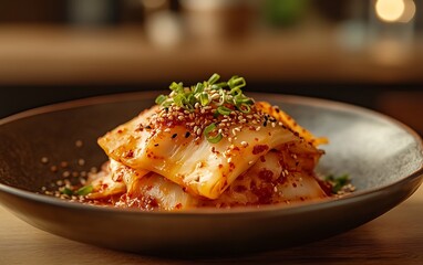 A beautifully plated portion of kimchi served in a traditional ceramic dish, set against a warm-toned kitchen backdrop with space for a customizable text overlay