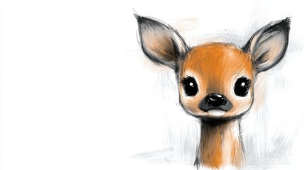  a drawing of a fawn with a white background The fawn has a light brown coat with white patches, and its eyes are a deep black Its ears are perked up and its nose
