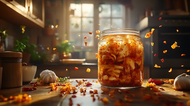A warm kitchen scene featuring a glass jar of homemade kimchi with red pepper flakes scattered around, creating a homely atmosphere with space for branding or text