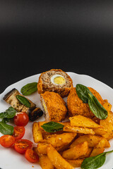 Deliciously prepared meatballs with eggs and seasoned potato wedges