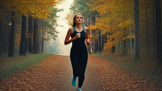Woman Running in Autumn Forest Pathway